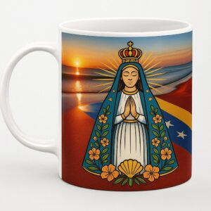 Mug Virgen de Coromoto con fondo venezolano